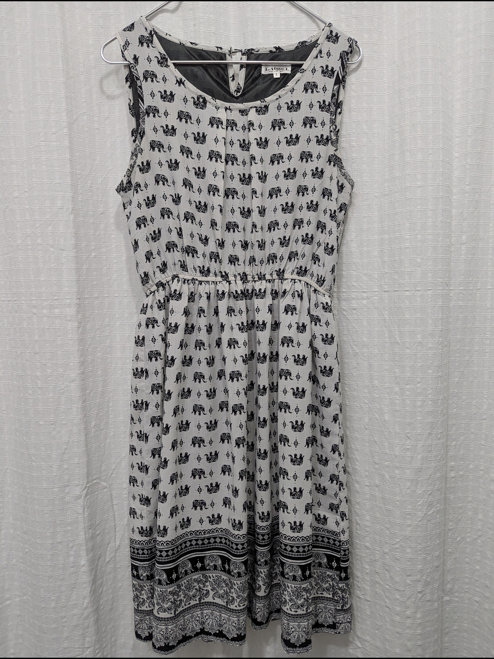 L.A. Soul Elephant Print Sundress Black White Boho Bohemian Border Midi Lined L